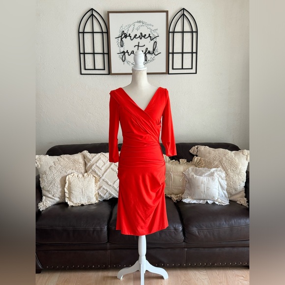 DVF Bentley Three-Quarter Sleeve Ruched Dress In Red Size S Designer Classic - Picture 14 of 14